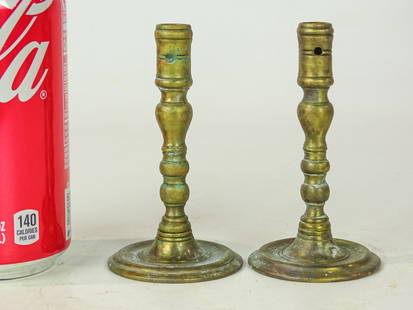 Pair Miniature Candlesticks: Pair of miniature brass candlesticks. 4" Ht..