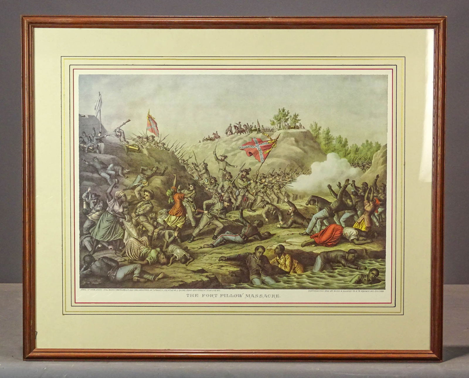 Kurz & Allison Print: Kurz & Allison print "THE FORT PILLOW MASSACRE". Looks like a restrike. Sigh 16" x 22", overall 24" x 29", small glass crack LLC.