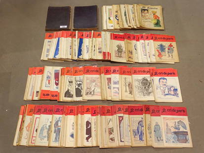 Le Sourire Magazines: Lot: storage box and (2) bound volumes of "Le Sourire" magazines. 1901-1903. Assorted run. Lot (3) storage boxes of loose issues of "Le Cri De Paris" magazines. Assorted run.
