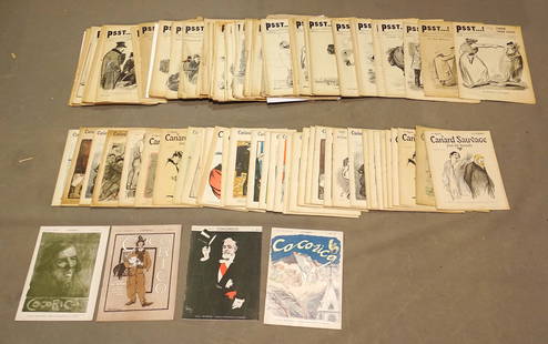 PSSST-FORAIN Magazines Lot: Lot including (2) storage boxes of: "PSSST-FORAIN" and "CARAN D' ACHE", "Le Canard Sauvage", magazines including (4) issues of "Cocorico" journal, assorted runs.