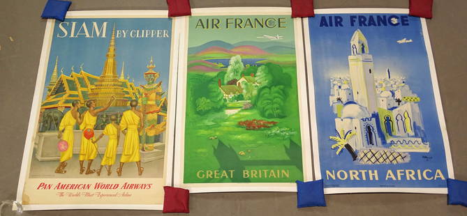 Airline Posters: Lot (3) linen backed Airline posters including: Air France Great Britain" (41 1/4" x 27"), Air France North Africa (41 1/4" x 27"), Siam by Clipper Pan-American World Airliners (44" x 29 1/2", some da