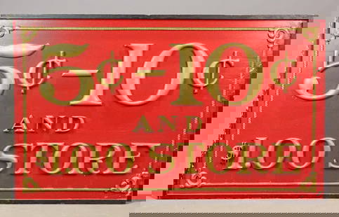 Trade Sign: Large wooden painted two sided trade sign. One side missing raised letters/numbers. 37" x 60".