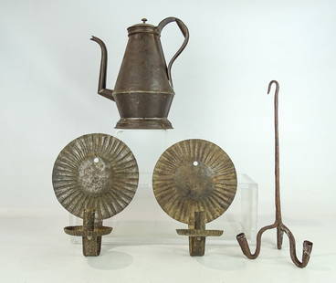 Metalware Lot: Metalware lot including: Punched tin coffee pot with brass knob (11" Ht.), iron 3 candle hanging chandelier (15 1/2" L.), pair French sheet iron sconces (11" Ht.).