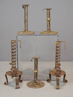 Metalware Lot: Metalware lot including: Pair adjustable spiral iron candlesticks (11" Ht.), and (3) hogscraper candlesticks (tallest 7 1/2" Ht.).