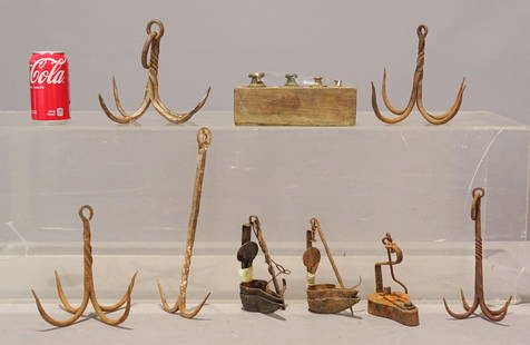 Misc. Lot: Lot including brass weight set (8" x 2 1/2" x 3"), (4) early iron oil lamps (including double Crusie), and (5) assorted hooks.