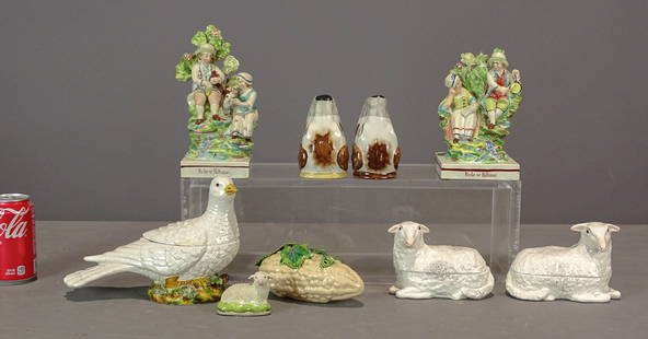 Lot of Ceramics: Lot of ceramics including (2) lidded Italian sheep (6" W., 4 1/2" Ht.), lidded bird (9" L., 7" Ht.), Staffordshire sheep (3" L.), Staffordshire figurines (as is, 8" Ht.), (2) dog heads, vegetable.