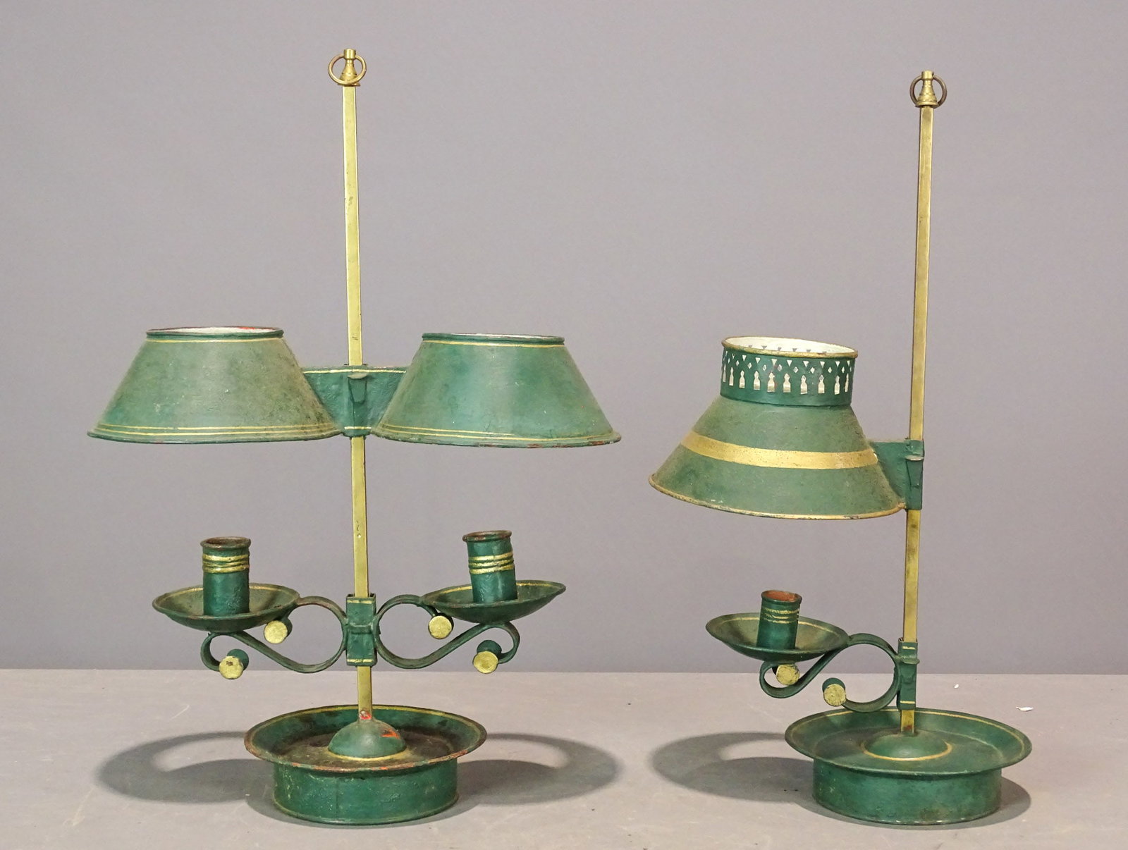 Two Boulette Lamps: Lot (2) tin tole Boulette lamps. Largest 14" W., 20" Ht..