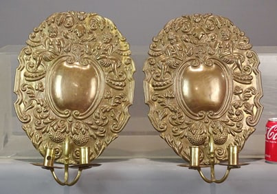 Pair Brass Repousse Candle Sconces