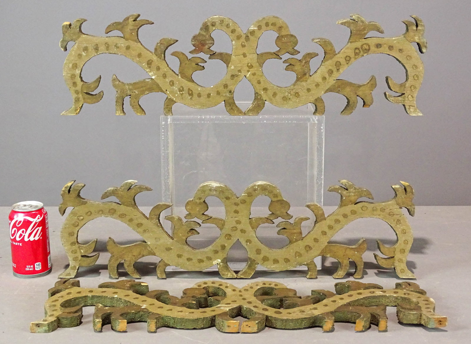 Carved and Painted Wooden Elements: Lot (3) carved and painted wooden elements. 24" x 7".