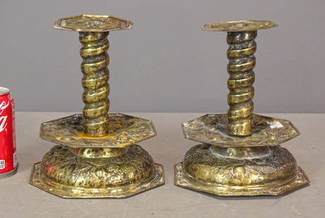 Pair Brass Repousse Candlesticks: Pair brass repousse candlesticks. 8" base, 9 1/2" Ht..