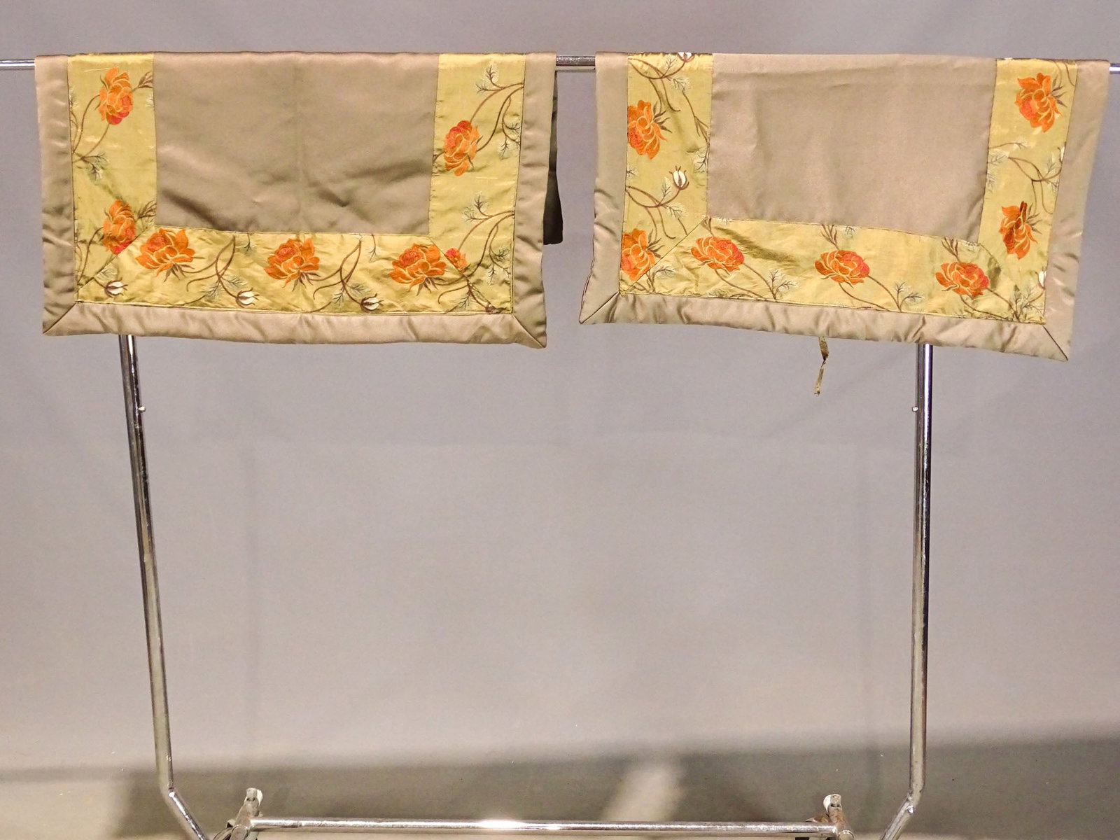 Pair Asian Fabrics: Pair of Asian fabrics. 28" x 28".
