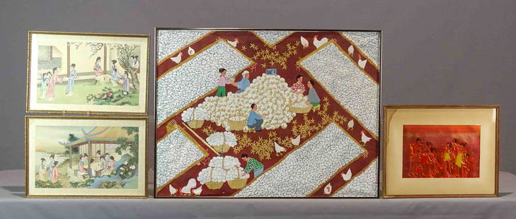 Asian Prints: Collection of misc. Asian prints including pair depicting ladies, embossed on tin, large subject "Happiness of the Cotton Farmer" (frame 26 1/2" x 35 1/2"). (4) pieces.