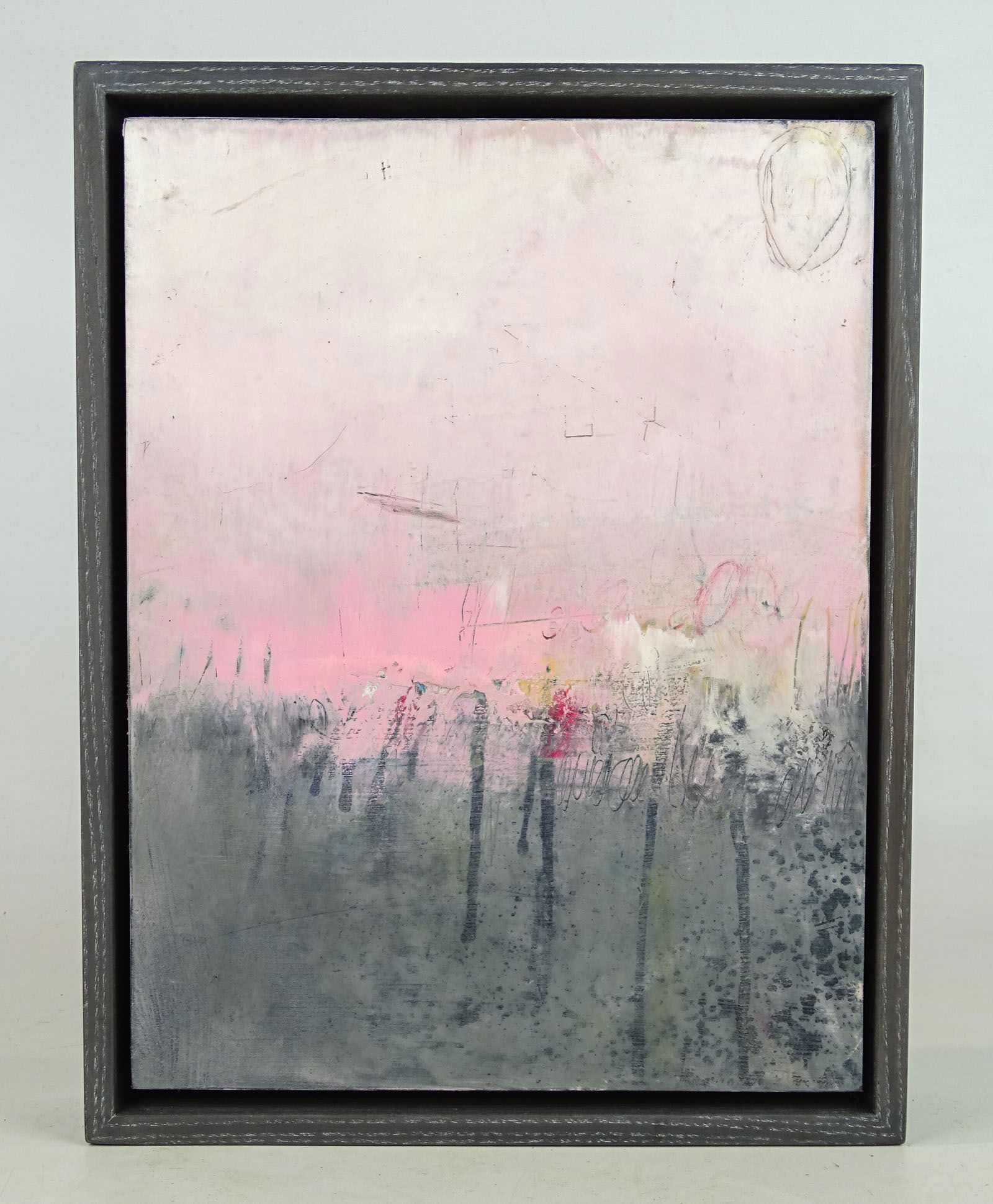 Abstract Modern Art Painting: Mixed media abstract painting on board by Mark Bettis. On backside: titled "Way Out There" by Mark Bettis 6/20. with Mark Bettis Studio and Gallery label. Artist has his information on his website.