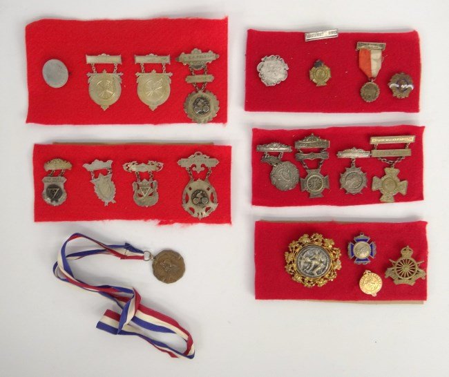 Bicycle Medals: Lot various bicycle medals including several Auburn N.Y., "Tioga Wheelmen", "Spring Century", "Westchester Ambler Course", "Armory Cycle Club", "Army Cycle Corps", "Kentish Wheelers" (gold), "Cycle Tr