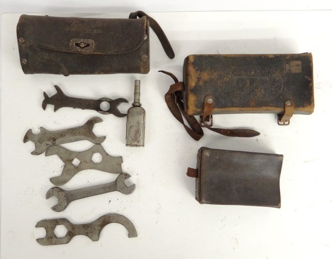 Bicycle Tool Pouches: Two bicycle tool pouches including "Keating 97" and "Mead Aristocratic" (with tools). Good condition. Pedaling History Museum Collection.