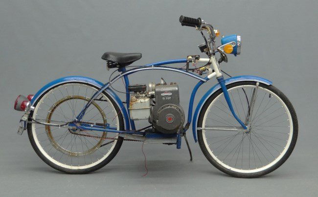 Firestone Middle Weight Bicycle: C. 1960 Rollfast "Firestone" middleweight bicycle with 5 HP Briggs & Stratton gas motor with belt drive, 26" tire size, mini bike clutch. Good condition.