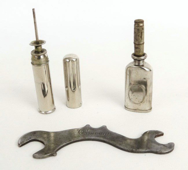Bicycle Tool Lot: Early Crescent bicycle wrench. 5" l., (2) pocket oilers. Good condition.