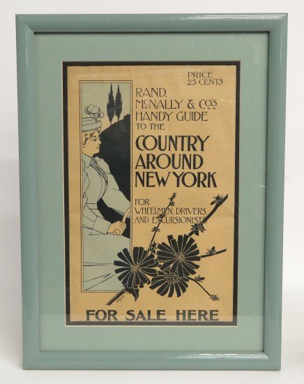 Poster Rand McNally: 19thc. newstand poster "Country Around New York", Rand McNally & Co. Artist "Willing" site 15" x 10" frame 20 1/2" x 15". Good condition. Pedaling History Museum Collection.