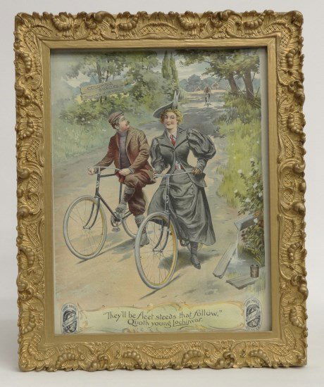 19th c. Columbia Advertising Print: c. 1897 Pope Mfg. Co., Columbia Bicycles advertising print "They'll be Fleet Steads...". Site 12 1/2" x 9 1/2", good condition. Pedaling History Museum Collection.