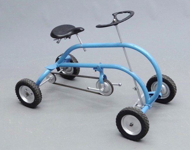 C. 1952 Kar-Bike: C. 1952 Kar-Bike belt drive quadracycle, Mfg. by the Kar-Bike Co. Milwaikee Wisc. Missing pedals, restored. Pedaling History Museum Collection.