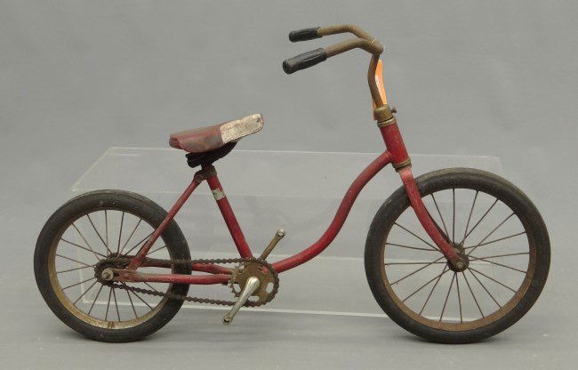 1950's Schwinn Bicycle: C. 1950's Schwinn child's bicycle, unusual design 10 1/2" frame, 16" hard tire wheels, missing pedals. As found fair condition. Pedaling History Museum Collection.