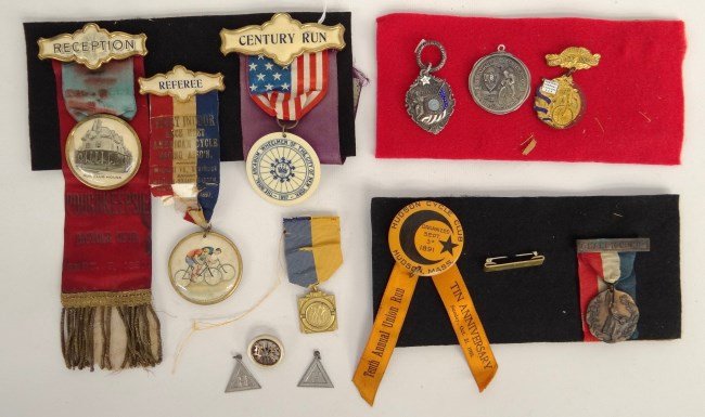 Bicycle Medal Lot: Lot various bicycle medals including sterling silver, enamel, "NY Century", "ABC League", "Hudson Cycle Club", "Vineland Kiwanis". Good condition. Pedaling History Museum Collection.