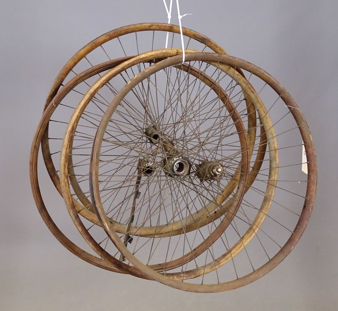 Wooden Rims: Lot (5) misc. 28" wooden rims. As found. Ex: Scott Waddell Collection.