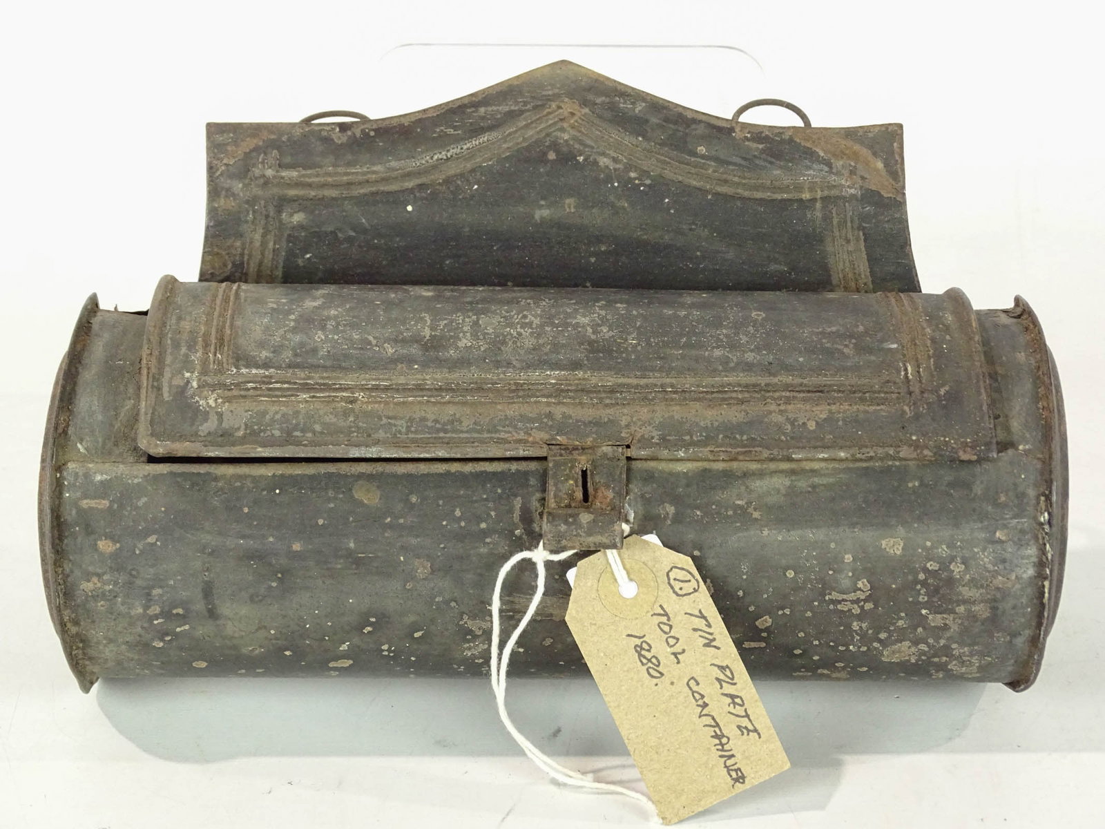 Tool Container: 19th c. tinplate tool container for saddle suspension. Good condition. 10" L., 4" D..