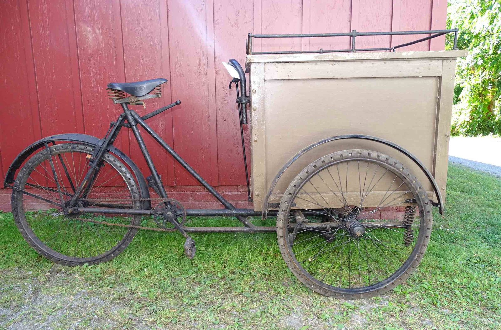 Warwick Delivery Tricycle: Warwick delivery tricycle on original solid tires. 84" overall L., 33" overall W., box 25" x 32 1/2" x 25" Ht., 24" rim diam.. Fair condition. Private collection England.