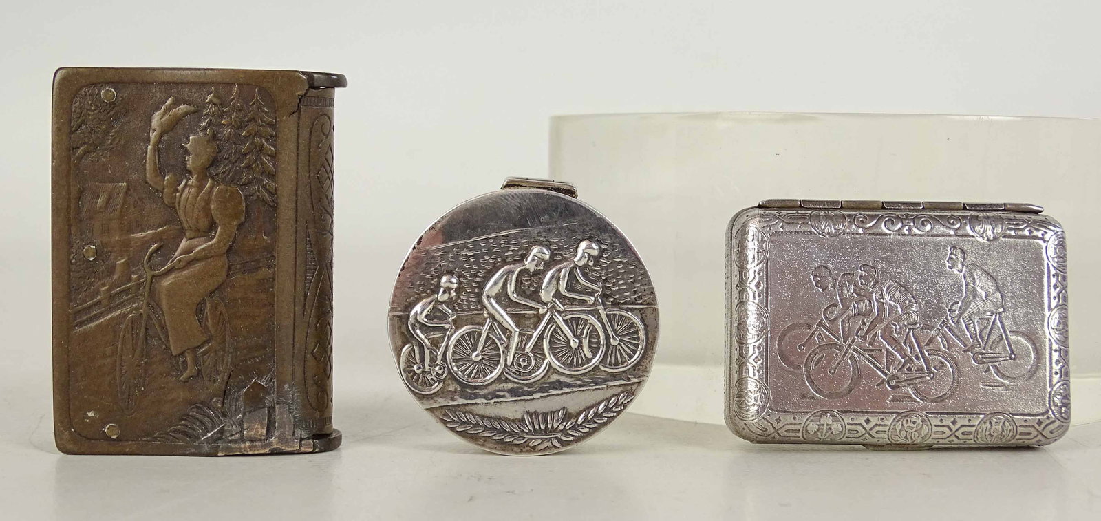 Match Boxes: Lot (3) Vesta match boxes with cycling scenes. Good condition.