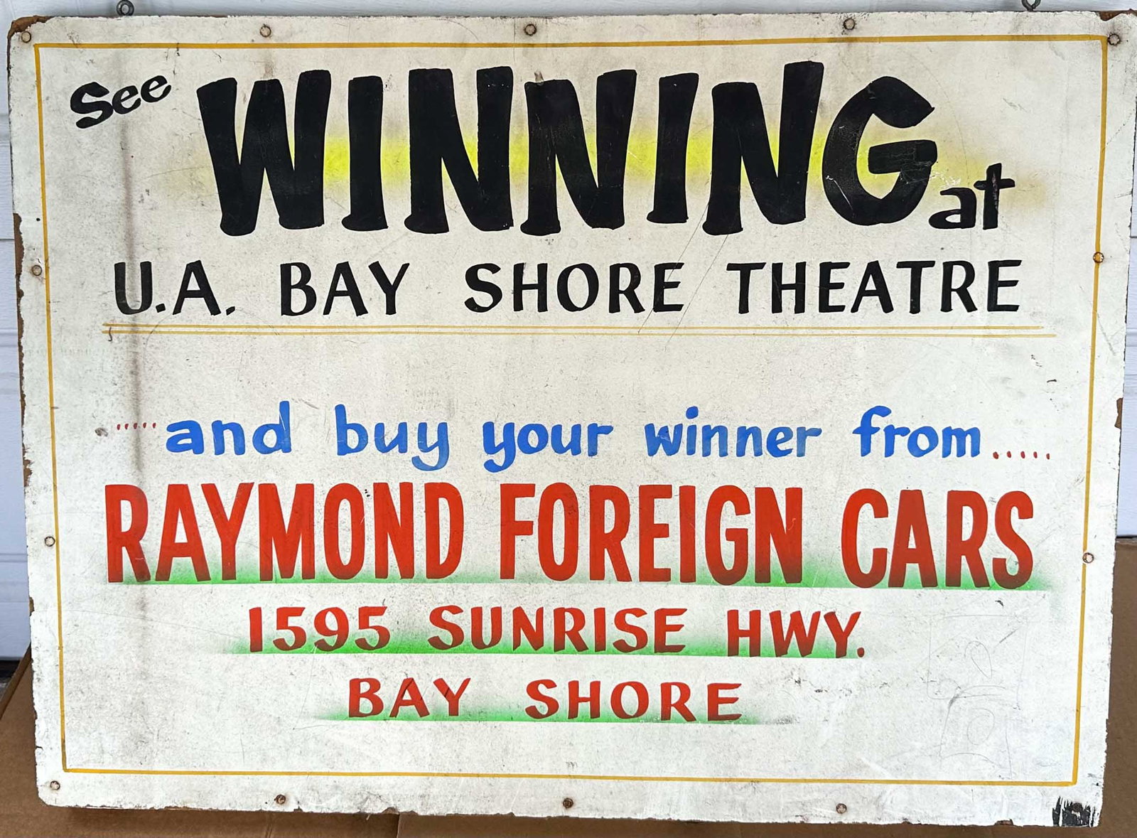 Paul Newman Promotion Lot: Sign to promote showing of movie Winning starring Paul Newman, promotion was done by a Bay Shore NY car dealer, 32 x 24 double sided, painted on board, very good condition. Marty Himes Racing Museum C