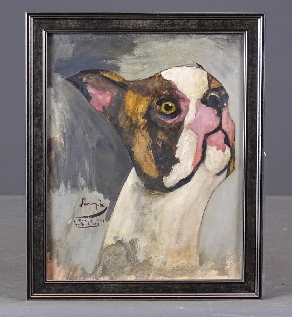 Lucien Herve (Hungary b. 1910): Painting: Lucien Herve (Hungary b. 1910), French Bulldog, oil on panel. Info verso. 8" x 10", overall 11 1/2" x 9 1/4".