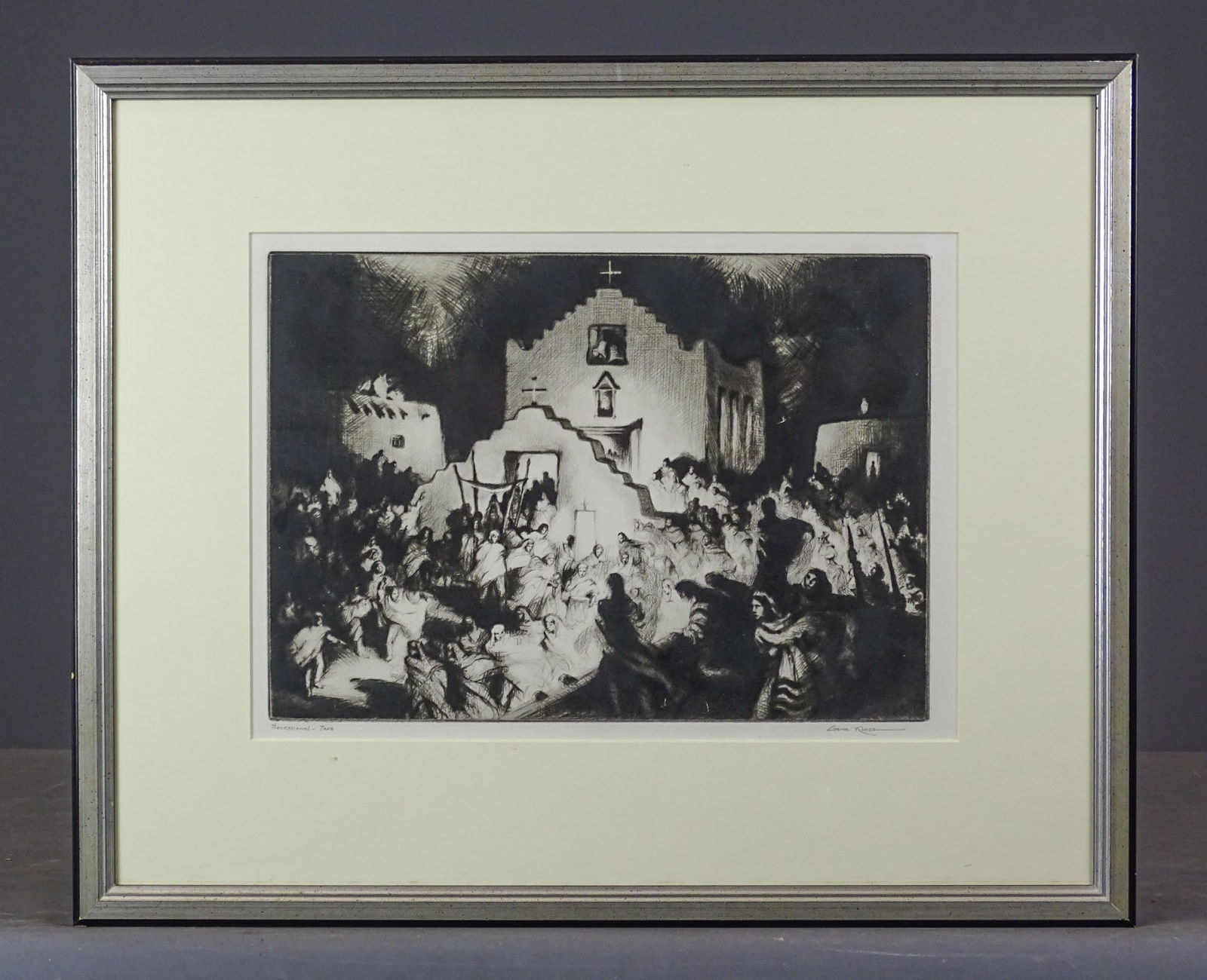 Gene Kloss (1903-1996): Gene Kloss (1903-1996), signed and numbered drypoint and aquatint "Processional-Taos", label vero (Zaplin Lampert). Sight 10 1/2" x 15", overall 18" x 22 1/2".