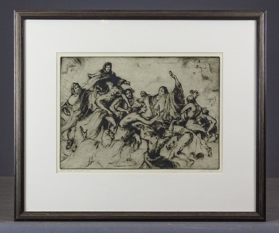 Gene Kloss (1903-1996): Gene Kloss (1903-1996), signed and numbered drypoint and aquatint "Indian Jesters Making Dust" label verso (Zaplin Lampert). Handwritten info mentioning its from Gene Kloss personal collection. Sight