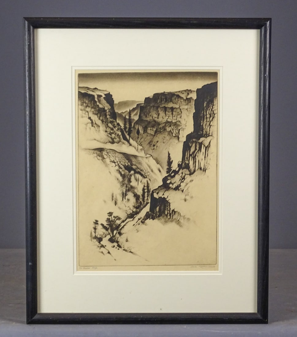 Gene Kloss (1903-1996): Gene Kloss (1903-1996), signed and numbered drypoint and aquatint, "Rio Grande Gorge". Sight 14 1/2" x 10 1/2", overall 22" x 17 1/2".