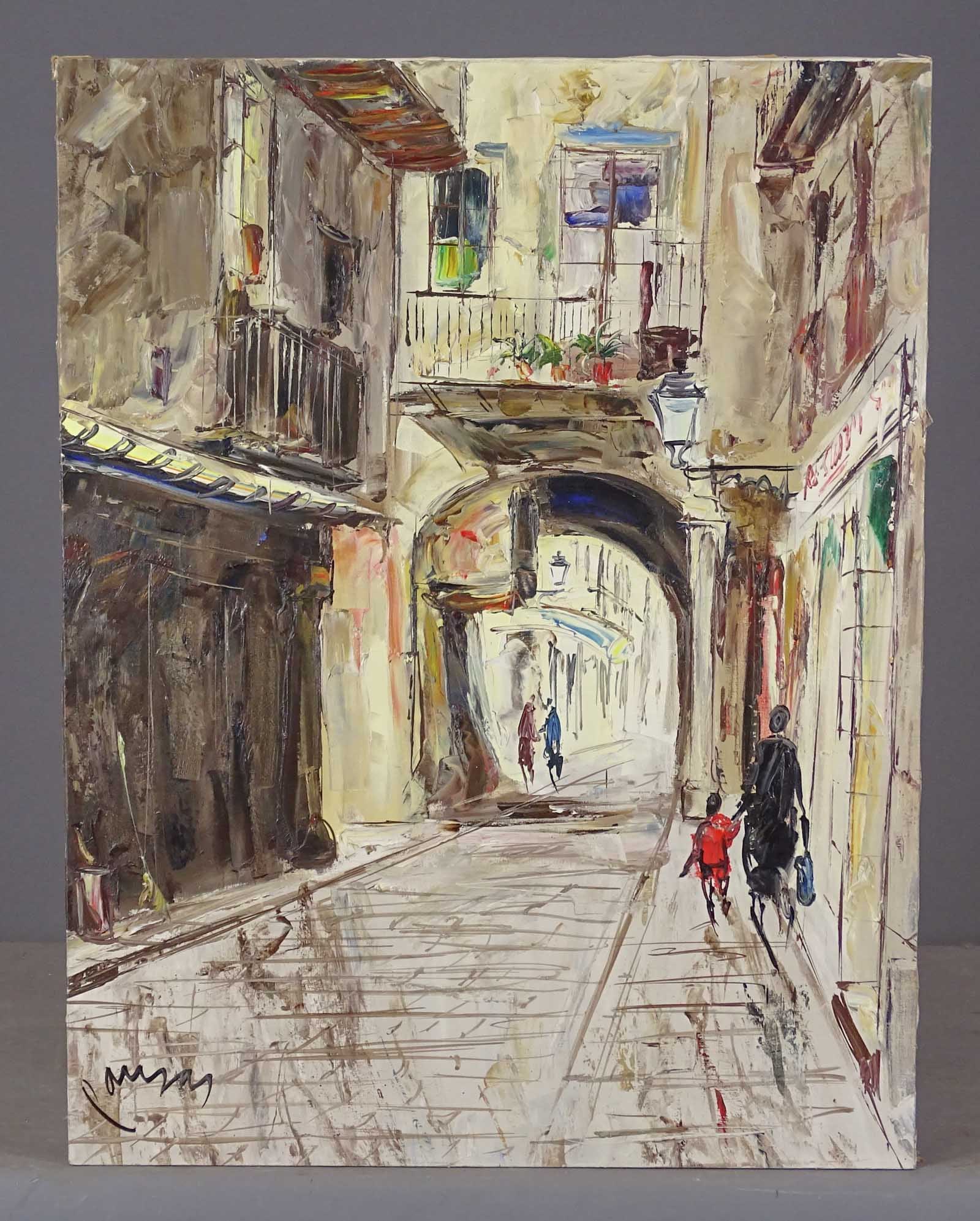 Painting: Continental Street Scene: Painting: Continental street scene. Oil on canvas. Signed verso. Unframe. 31" x 24".