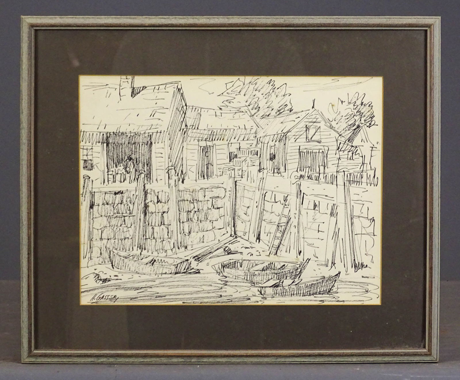 Drawing Signed H. Gasser: Drawing signed H. Gasser. Ink on paper. Overall in frae 16" x 19".