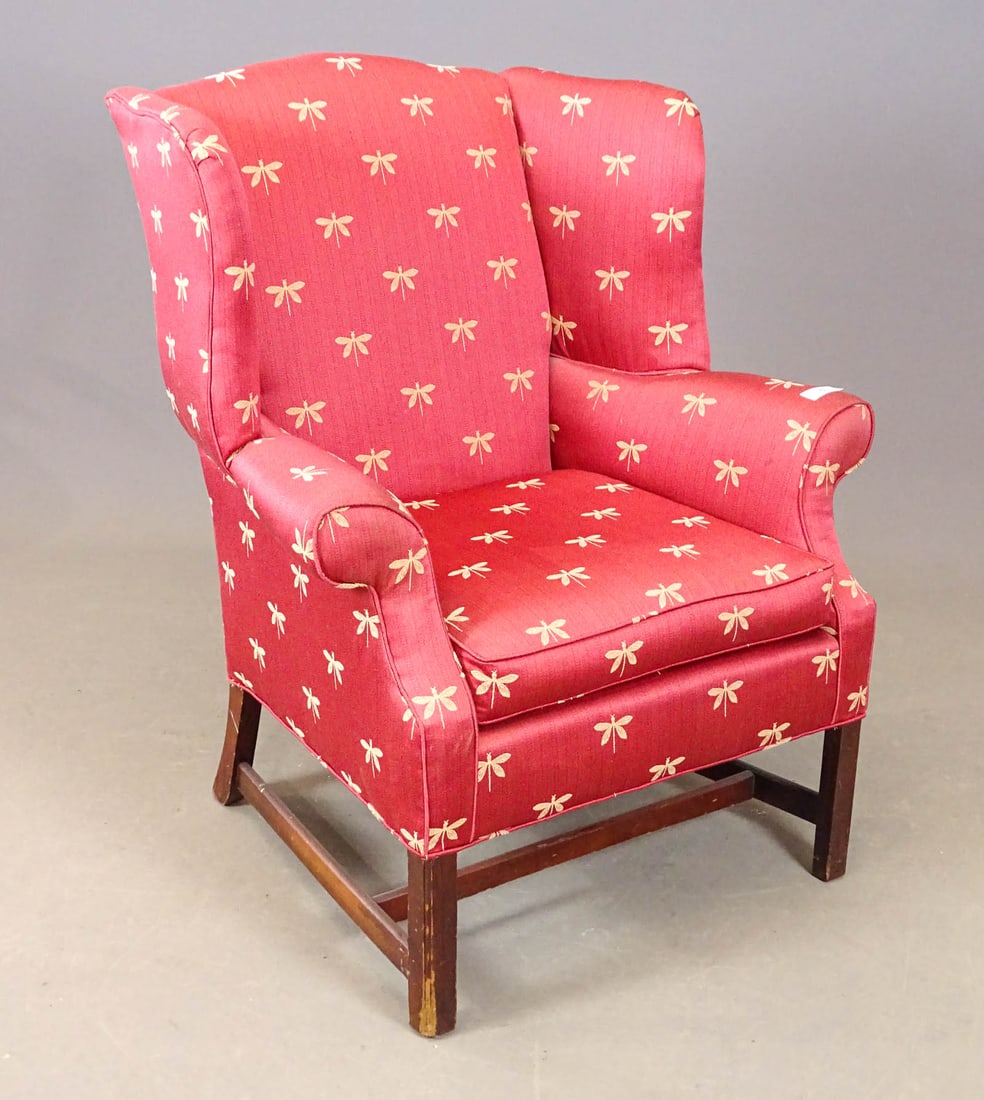Chippendale Style Wing Chair: Chippendale style mahogany upholstered wing chair. 19" seat Ht., 40" overall Ht..