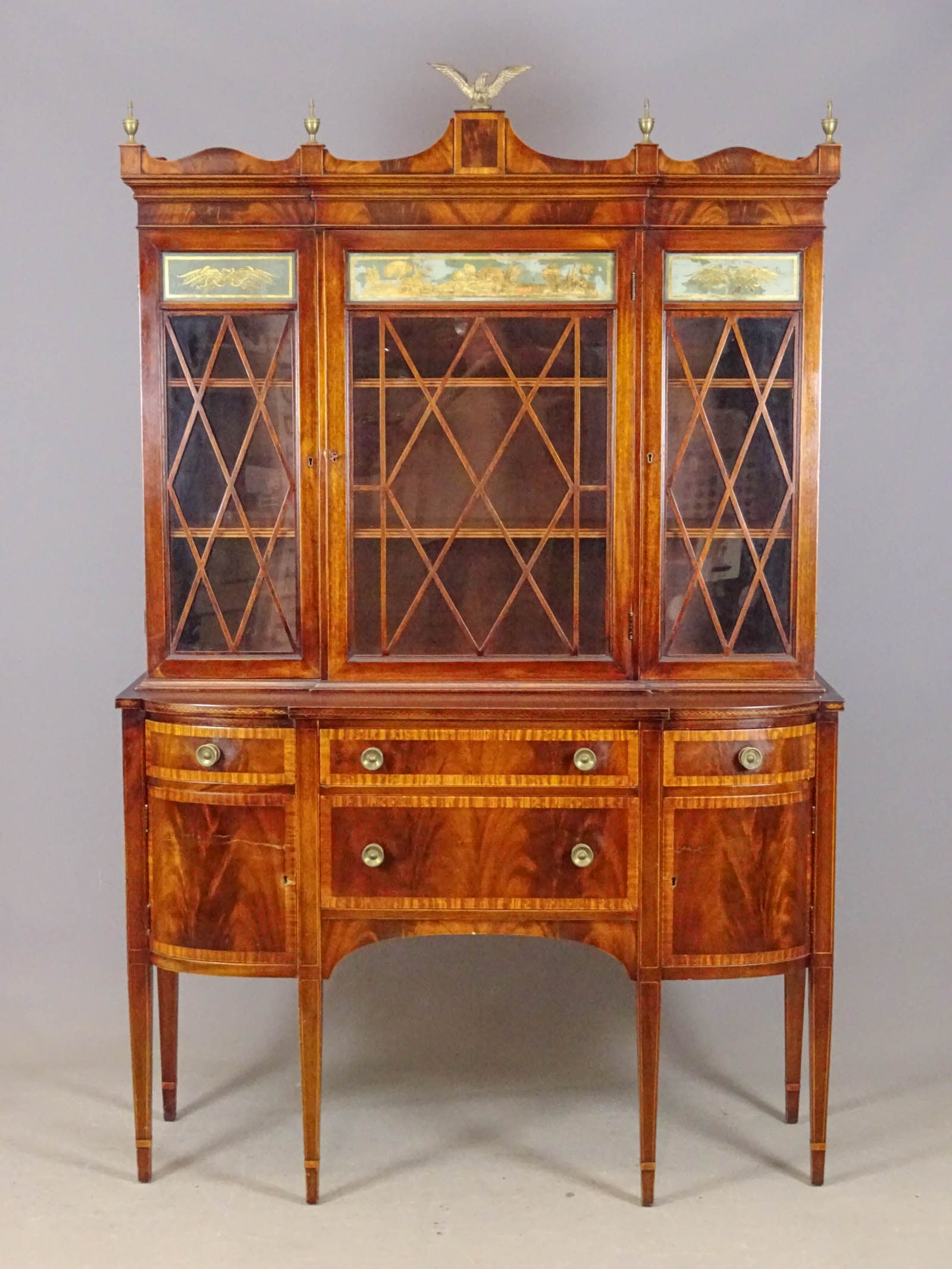 Federal Style North Shore Secretary: High quality Federal style mahogany North Shore secretary. Eglomaise glass panels. 81" Ht., 19" D., 51 1/2" W..