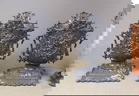 Pair Aluminum Urns Marked Pittsburgh: Pair of aluminum urns marked Pittsburgh Stove and Range Company. 16" D., 23" Ht..