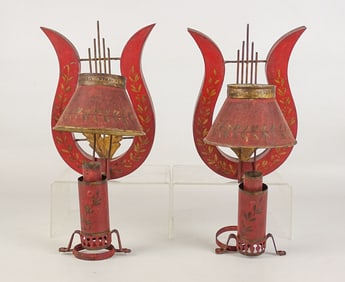 Pair of Wood and Tole Decorated Sconces