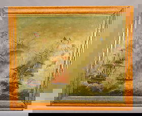 19th c. Seascape: Painting: Large 19th c. seascape. Oil on canvas. 32 1/2" x 39", overall 38" x 45". Revolutionary War Sea battle subject.