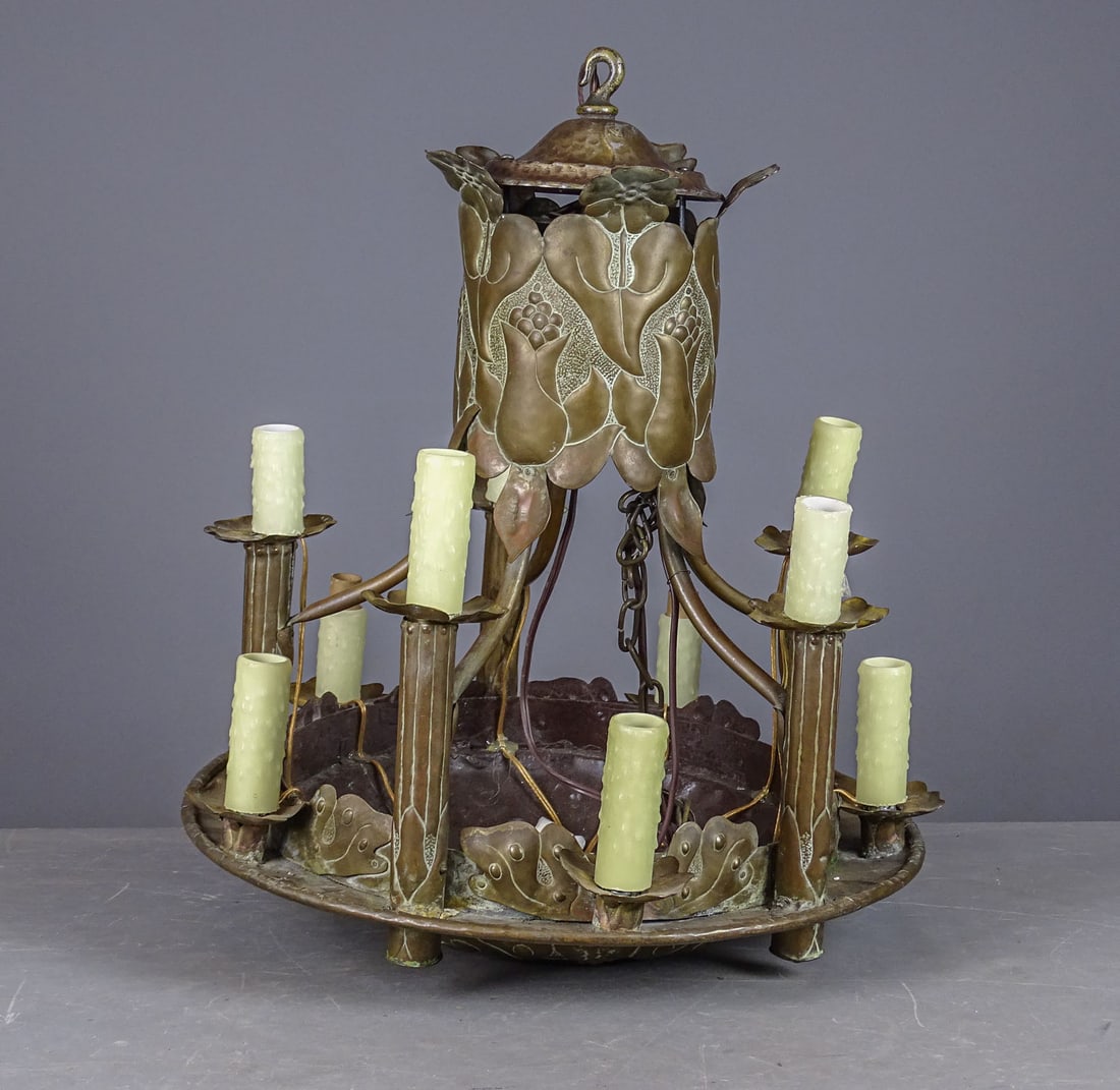 Arts and Crafts Period Chandelier: High quality Arts and Crafts period brass hanging chandelier. 18" x 18".