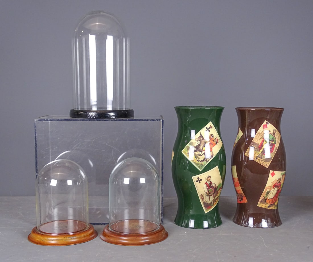 Hurricane Shade Lot: Lot including pair of decopauge hurrican shades (12" Ht.), (2) glass domes on wood bases (7" Ht.), glass dome (10 1/2" Ht.).