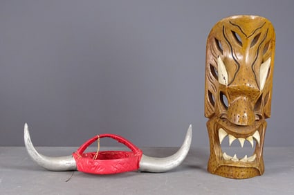 Ethnic Mask and Horn Hat Lot