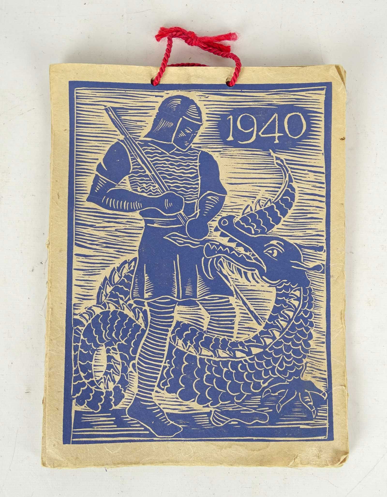 1940 Printed Calendar: 1940 calendar, woodblock printed on textured paper. 9" x 7".