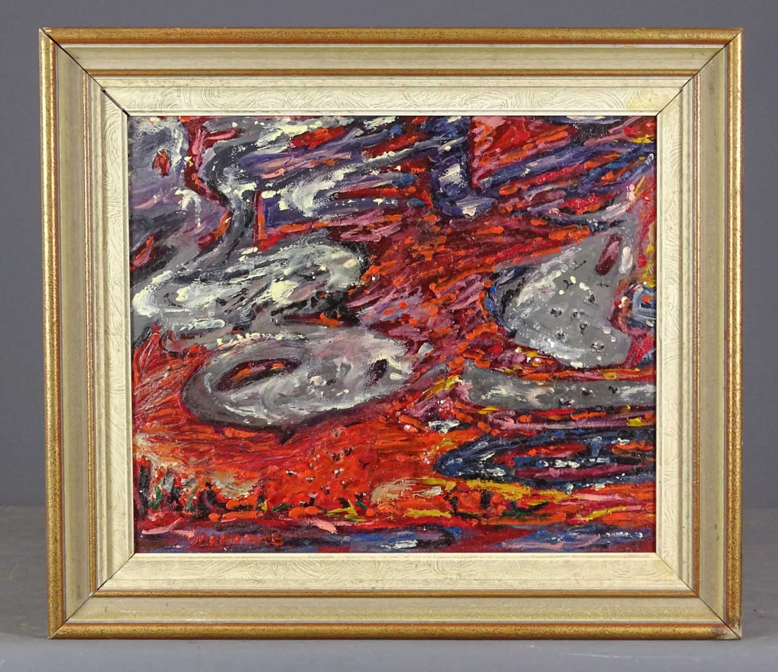 Painting: Justin Obradovic (Canadian active): Painting: Justin Obradovic (Canadian active): Abstract "Northen Sky, break in the storm" (2018). Oil on panel. 15" x 18", overall 20" x 23".