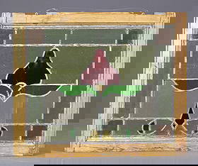 Stained Glass Window: Early stained glass window. 18" x 21 1/2". Small crack.