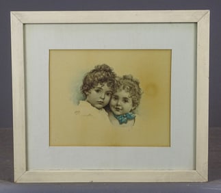 Original Watercolor of Children Signed "HMB"