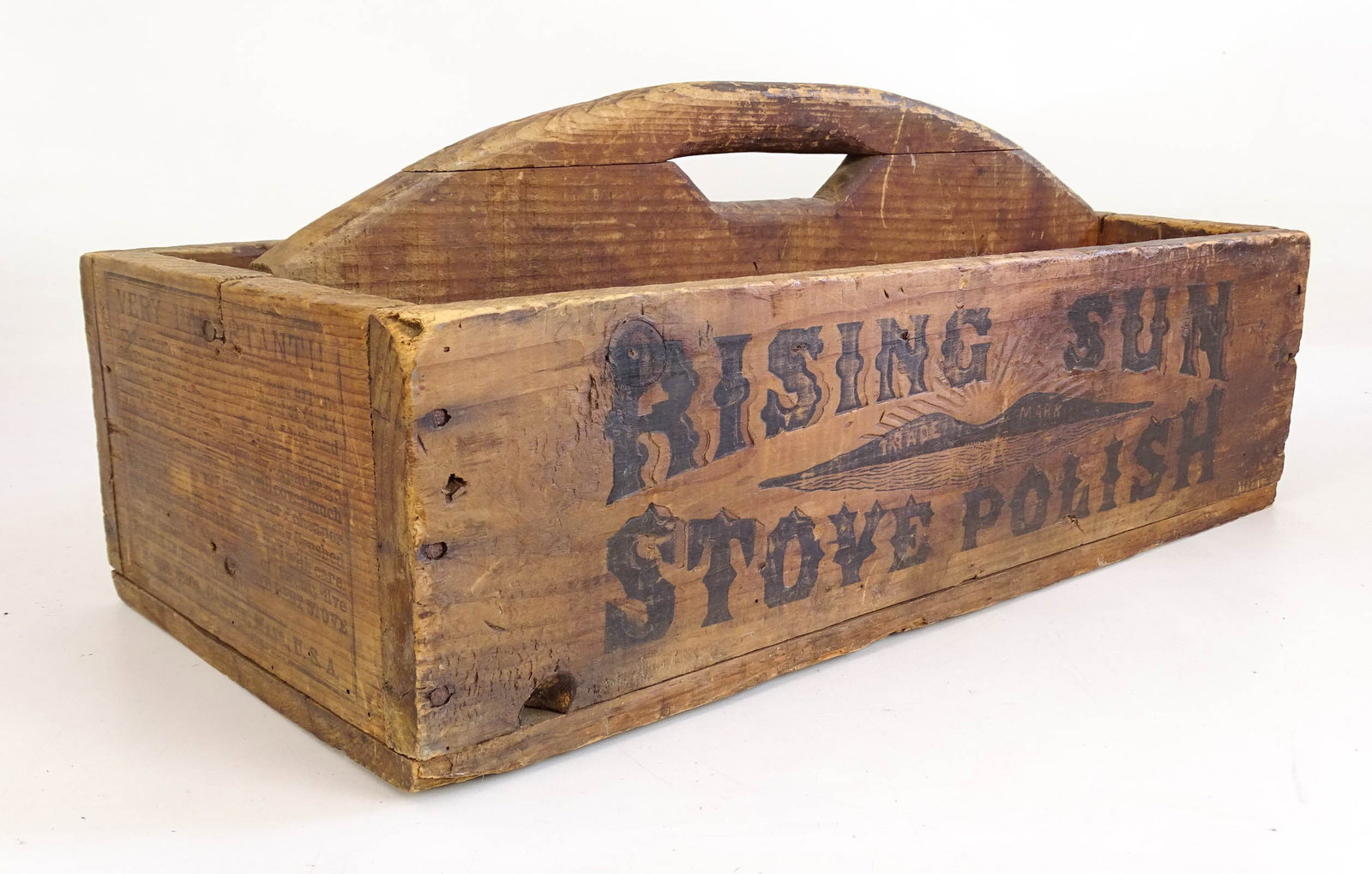 Tool Hod: Early tool hod marked "RISING SUN STOVE POLISH". 21 1/2" x 11" x 8".
